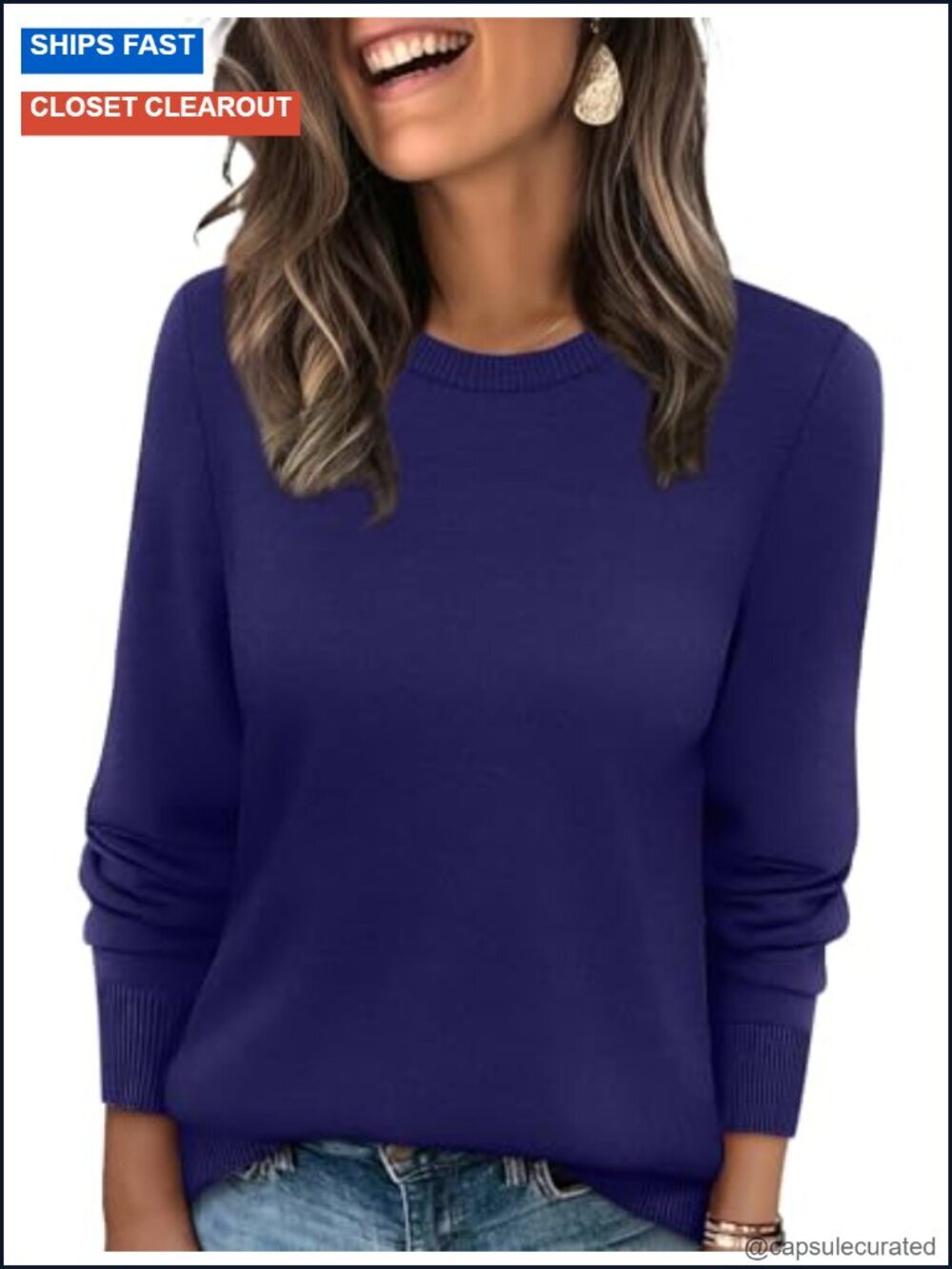 Lightweight Crewneck Pullover Sweater Long Sleeve Ribbed Knit Loose Fit Fall